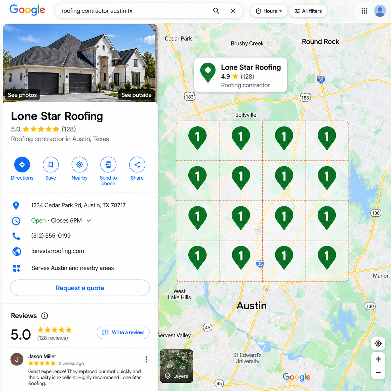 Your roofing company ranked number one across the Google Maps grid